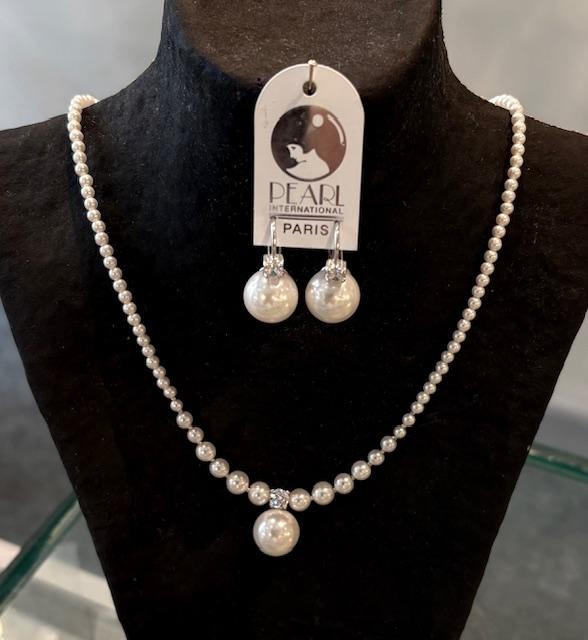 PARURE COLLIER 45cm+PENDENTIF et DORMEUESES ARGENT ZIRCONS 06mm et PERLES BOULES 12mm   