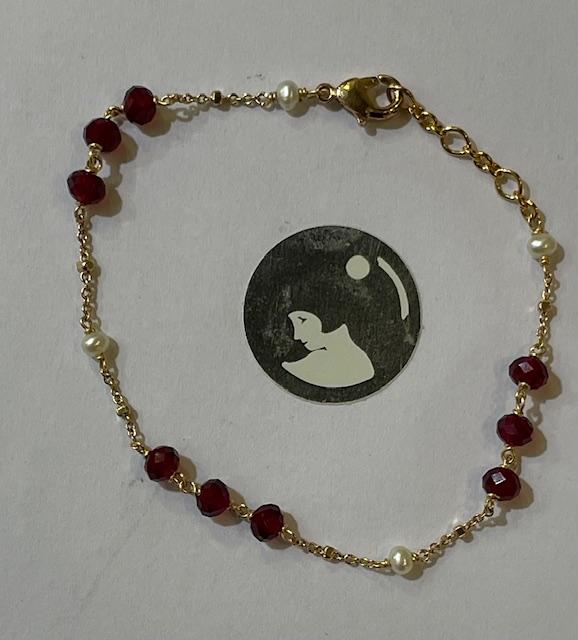 BRACELET CHAINE PLAQUE OR 18cm + PERLES d'EAU DOUCE et GRENATS