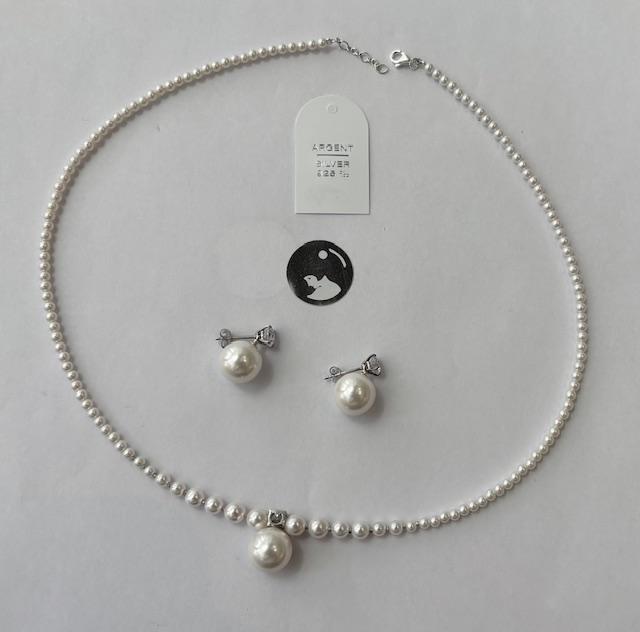 PARURE COLLIER 45cm + PENDENTIF et PUCES ARGENT ZIRCON 06mm  et BOULES PERLES  12