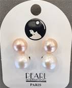 CLIPS ARGENT DOUBLES BI PERLES EAU DOUCE BI BOUTONS 10mm ROSE&12mm BLANC 