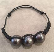 BRACELET CORDON POLYAMIDE NOIR + 3 PERLES IRISEES BAROQUES 12mm couleur TAHITI