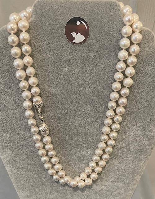 COLLIER 90cm SAUTOIR PERLES EAU DOUCE 08mm NDS FERMOIR TOI et MOI ARGENT RHODIE 925°%