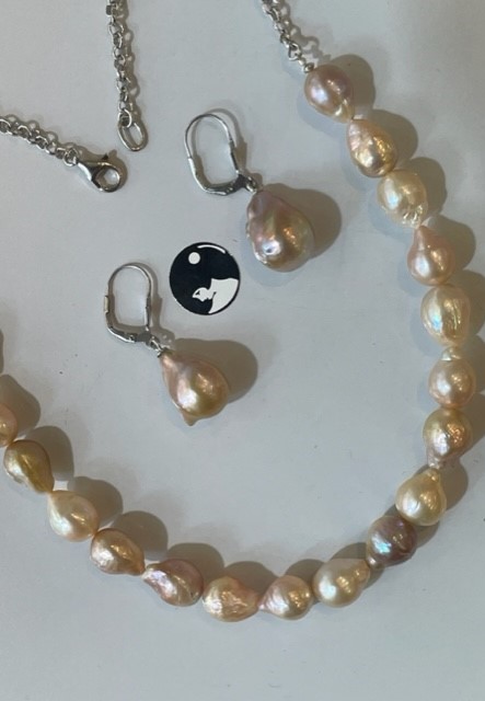 COLLIER 42cm CHAINE ARGENT RH+18 PERLES d'EAU DOUCE " KESHIS " rose ancien