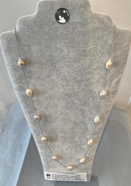 COLLIER 70cm CHAINE ARGENT + 11 PERLES d'EAU DOUCE KESHIS forme POIRES