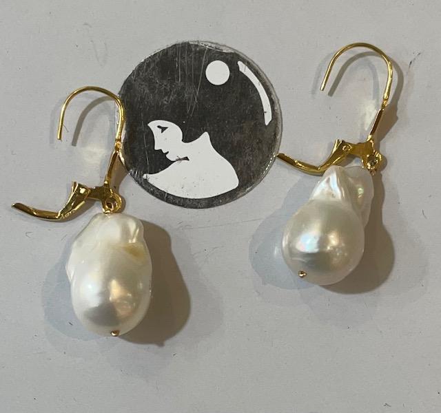 DORMEUSES PARIS ARGENT DORE + LARMES KESHIS PERLES EAU DOUCE  14x24mm 