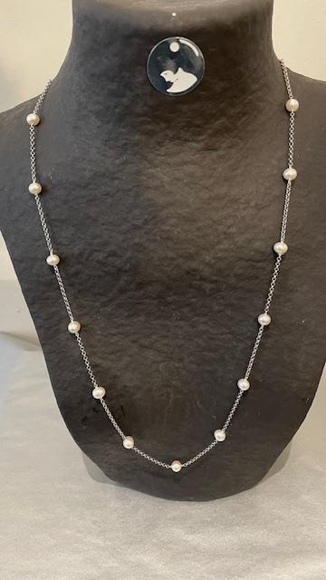 COLLIER 65cm CHAINE ARGENT+ 17 PERLES NATURELLES d'EAU DOUCE 06/07mm FERMOIR MOUSQUETON