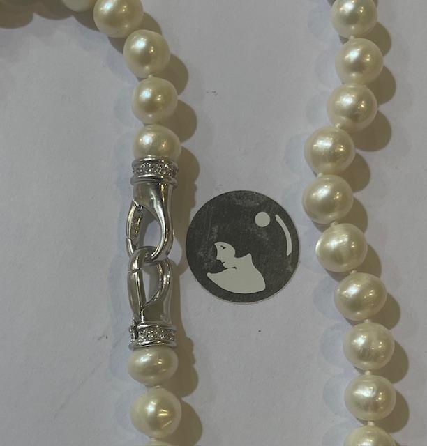 COLLIER 160cm SAUTOIR PERLES EAU DOUCE 07/08mm avec NOEUDS FERMOIR CLIQUET ARGENT RHODIE925°% et STRASS