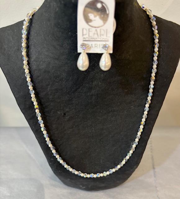 PARURE PERLES 03mm et CRISTAL 04mm COLLIER,  BRACELET et BOUCLES d'OREILLES