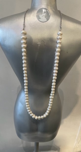 COLLIER PERLES EAU DOUCE 08mm 42cm+CHAINE ARGENT 23cm SANS FERMOIR