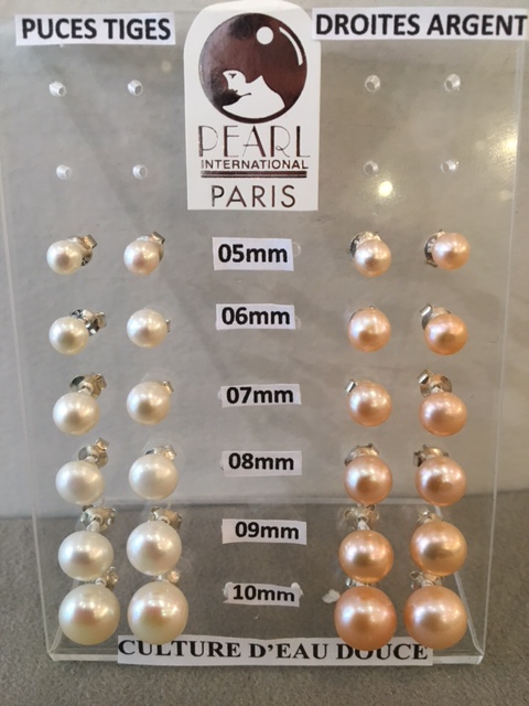 PUCES ARGENT DORE BOUTONS 3/4 de 08mm PERLES EAU DOUCE BLANC