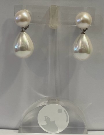CLIPS ARGENT BOUTONS PERLES EAU DOUCE 12mm + LARMES POUDRE de PERLES16x21mm