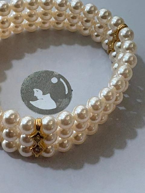 BRACELET ELASTIQUE 3 RANGS PERLES de BOHEME STH 06mm 3 BARRETTES PLAQUE OR+STRASS  