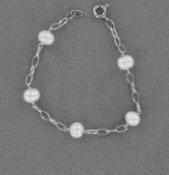 BRACELET GOURMETTE MAILLE ARGENT RHODIE 925°/°° + 5 PERLES EAU DOUCE