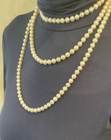 COLLIER 160cm SAUTOIR PERLES EAU DOUCE 07/08mm avec NOEUDS FERMOIR CLIQUET ARGENT RHODIE925°% et STRASS