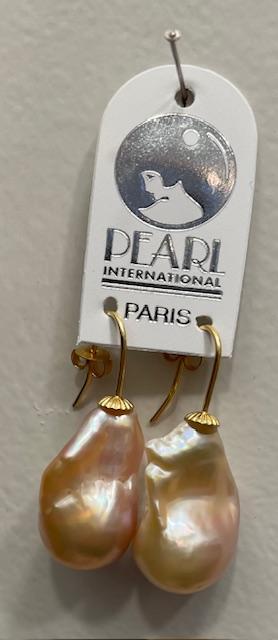 DORMEUSES ITALIENNES ARGENT DORE + LARMES KESHIS PERLES EAU DOUCE 14x26mm ROSE