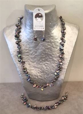 PARURE COLLIER+BRACELET+BOUCLES PERLES EAU DOUCE KESHIS couleur TAHITI