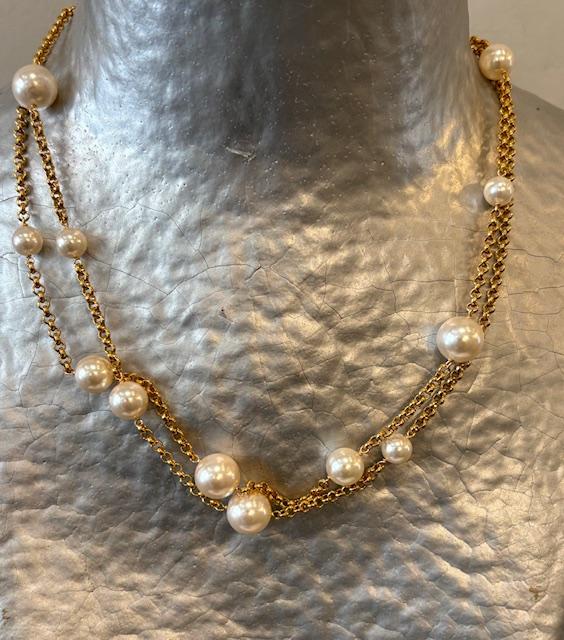 COLLIER SAUTOIR 90cm  CHAINE ARGENT DORE PERLES de BOHEME de qualité STH 08mm+10mm+12mm= 