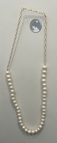 COLLIER 65cm CHAINE PERLES EAU DOUCE BAROQUES 10mm sur 40cm + CHAINE MAILLE OVALE 25cm ARGENT DORE