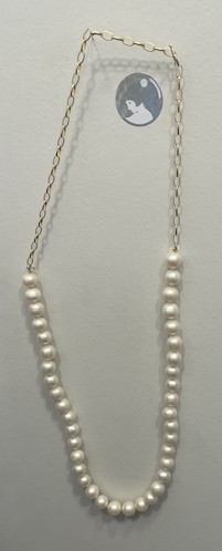 COLLIER CHAINE 65cm PERLES EAU DOUCE BAROQUES 10mm sur 40cm + CHAINE MAILLE OVALE 25cm ARGENT DORE