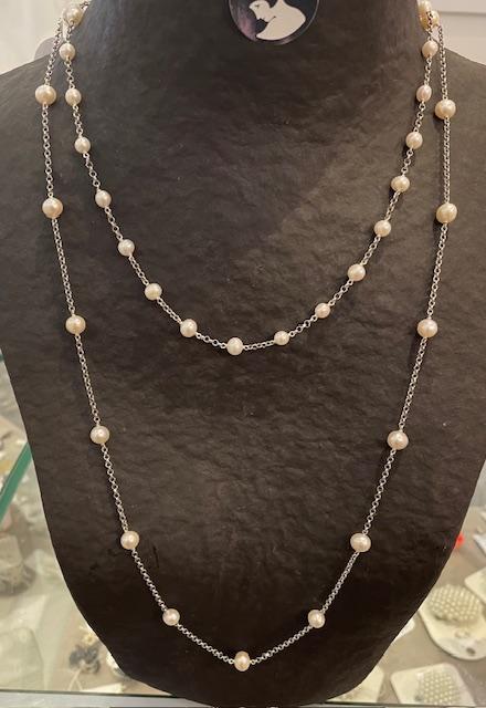 COLLIER 42cm CHAINE ARGENT+23 PERLES NATURELLES d'EAU DOUCE 08/09mm FERMOIR MOUSQUETON