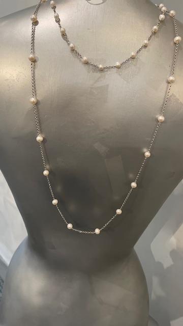 COLLIER 80cm CHAINE ARGENT+ 17 PERLES d'EAU DOUCE 